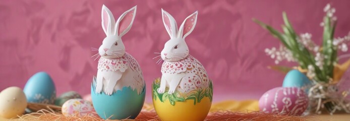 Colorful paper cut bunny sitting on a decorated Easter egg , colorful, Easter eggs