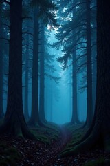 Fototapeta premium Mystical forest with eerie trees, dark green foliage, foggy, eerie