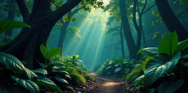 Dark forest with large exotic leaves, forest, canopy, dark