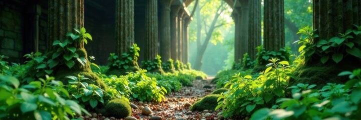 Deep green ferns tangled around ancient wooden columns, mossy, twisted, decay