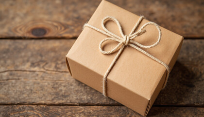 Gift box wrapped in twine on rustic wooden table