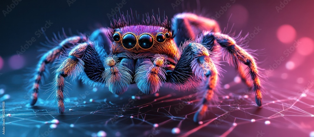 Wall mural mesmerizing psychedelic spider colorful macro close up of hairy arachnid with vibrant neon abstract 