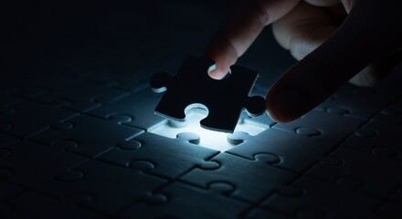 Close-up image of a hand placing the last puzzle piece into a glowing, luminous background completing the puzzle. Symbolizing problem-solving, solutions, and completion in a dramatic setting.

