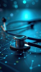 Digital stethoscope rests on tech grid background suggesting virtual healthcare. Modern medical tech concept for telemedicine. Virtual hospital, smart health represented. Abstract design with