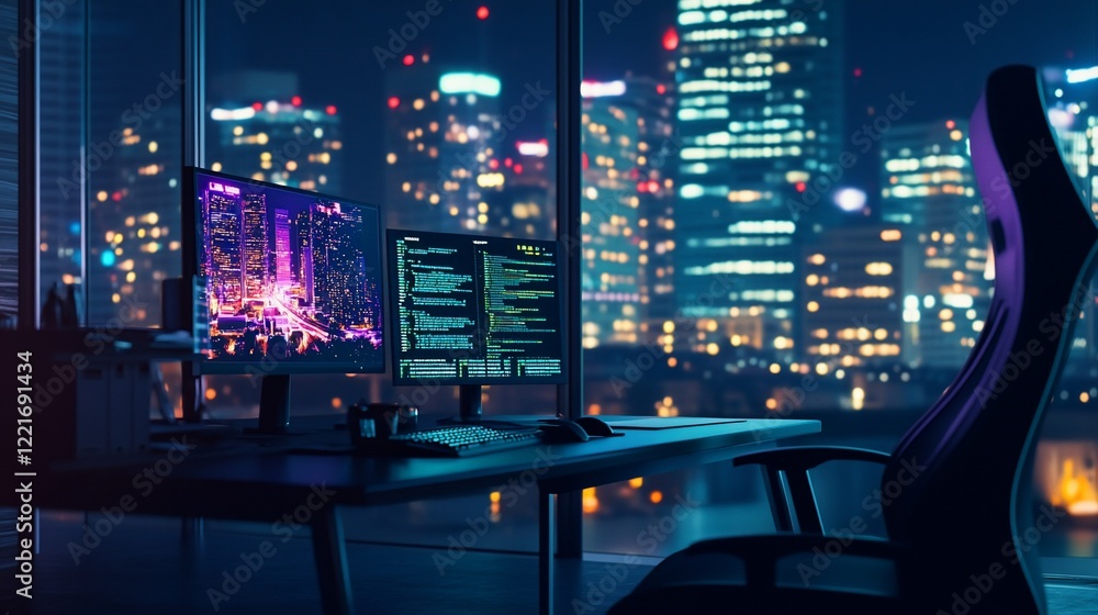 Poster nighttime workspace view overlooking city lights with two computer monitors on a desk