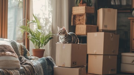 Fototapeta premium Cat on Moving Boxes in Cozy Room: Home Relocation Scene Close-up