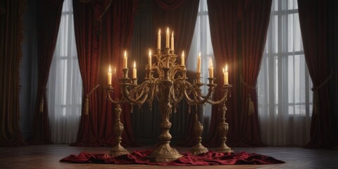 Dramatic candelabra surrounded by velvet drapes and lavish fabrics , candlelight, velvet