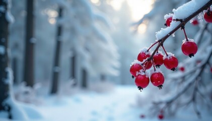 Icy red berry laden branches in a snowy forest, berries, icy, forest