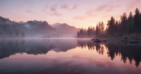 Fototapeta premium Dreamy hues of light reflected in a calm lake at dawn, reflection, serenity, soft focus