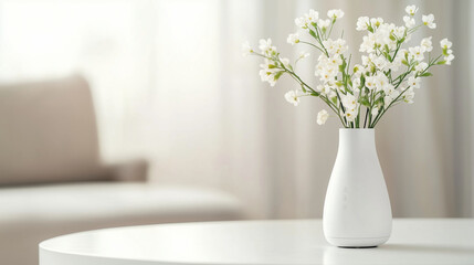 Fototapeta premium White flowers in a white vase on a white table