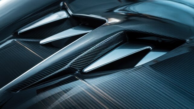 Close-up of a sleek car's aerodynamic features, showcasing intricate carbon fiber details and metallic accents that enhance performance and aesthetics.