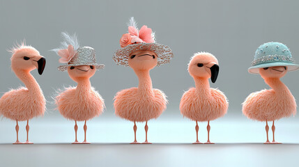 Five whimsical flamingos display colorful hats in a fun and creative arrangement