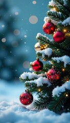 Snowy Christmas tree with ornaments, festive, snowflakes