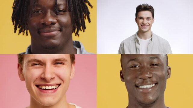 Four individuals with varied backgrounds display cheerful smiles against solid yellow and pink backgrounds, showcasing diversity and positivity in a simple portrait format.