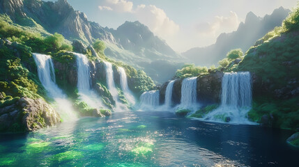A mystical mountain with flowing waterfalls feeding glowing lagoons, the radiant water reflecting soft light against the rugged terrain in a serene setting. Radiant Falls. Illustration