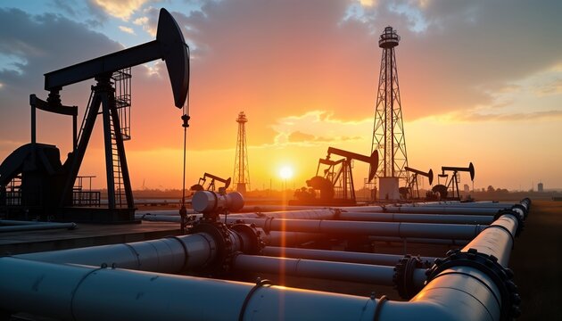 Oil exploration site at sunset. Industrial equipment, pipelines visible. Recession impacts energy sector. Potential closure of oil fields. Future of energy sources, alternatives. Economic downturn - Powered by Adobe