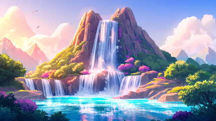 A picturesque mountain with shimmering waterfalls feeding glowing lagoons, the radiant pools adding a magical touch to the lush, dramatic landscape. Radiant Falls. Illustration