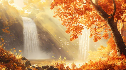 A radiant autumn background with a warm golden glow and vibrant fall foliage, showcasing the beauty of changing seasons. Radiant Falls. Illustration