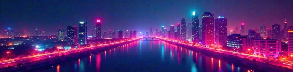 Fototapeta premium Geometric abstraction on neon-lit cityscape , shape, digital art, futuristic