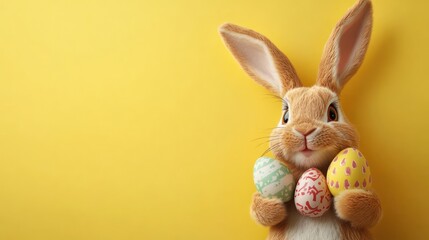 Cartoon bunny holding Easter eggs on a cheerful yellow background, space for Easter text