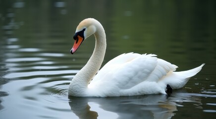 Fototapeta premium White swan swimming in the water with a black beak