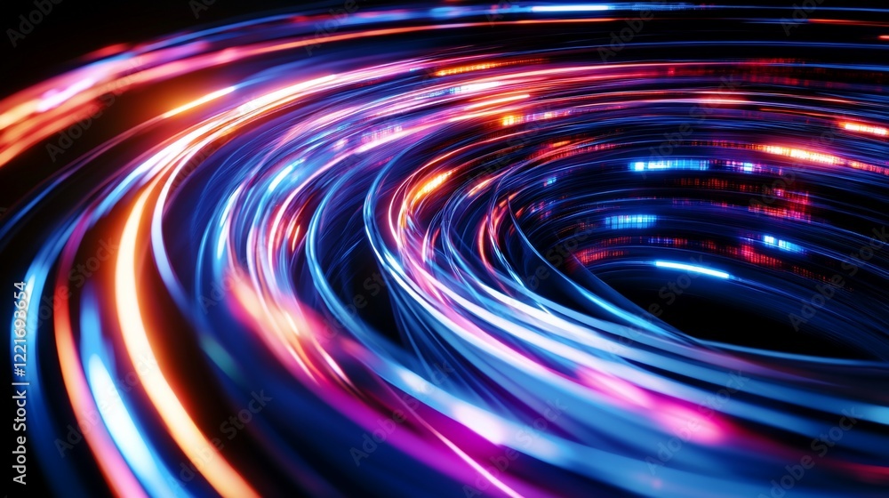 Poster abstract glowing lines in motion with red and blue light trails moving in a dynamic circle