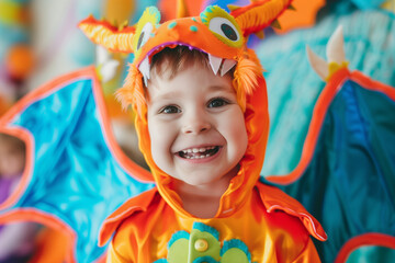 Dragon Costume for Boy with Happy Child Smiling Brightly During Carnival Celebration with Tacky Homemade Outfit