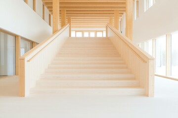 Modern minimalist wooden staircase in a bright architectural space showcasing natural light and clean lines, emphasizing simplicity and elegance