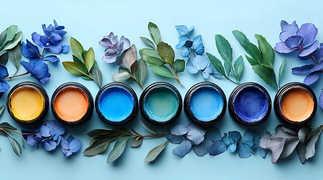 Blue flower paint color palette, flat lay