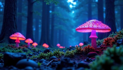 Fototapeta premium Glowing blue forest with luminescent fungi, glowing, fungi, bioluminescent