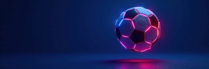 Fototapeta premium Glowing neon soccer ball suspended in mid-air over a dark blue background, sports, field, ball