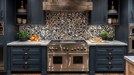 Modern kitchen, double oven, blue cabinets, tile backsplash, home design