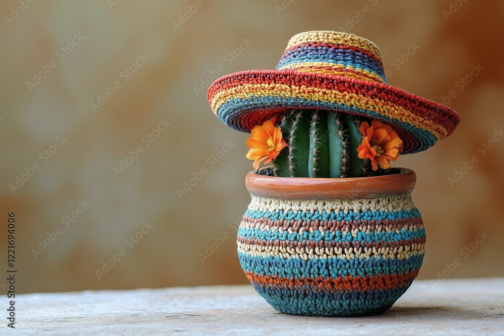 Wall mural cactus with a traditional mexican sombrero colorful pot for Cinco de Mayo. 