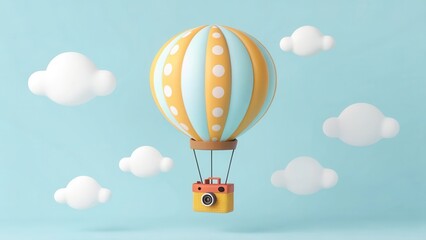 A whimsical hot air balloon with yellow stripes and polka dots floats among fluffy clouds against a light blue sky.