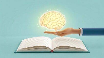 A hand holds a glowing brain above an open book, symbolizing knowledge, learning, and the connection between education and intellect.