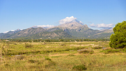 Distant view of Sierra de Tramontana mountains on Majorca