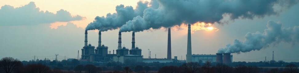 Obraz premium Industrial smokestacks emit thick grey mist, machinery, factory