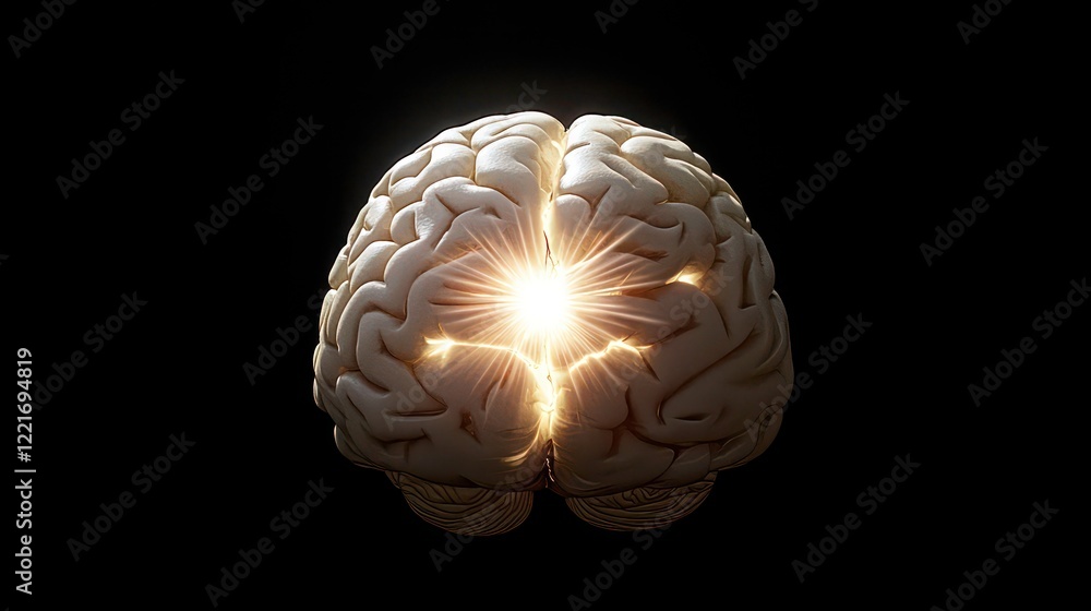 Poster radiant burst of light emanates from detailed brain model, symbolizing creativity and intelligence. 