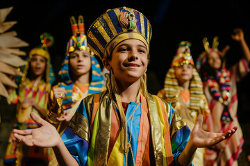 Fototapeta premium Egyptian Costume in a Theater Show Highlighting Cheerful Carnival Performance with Lively Atmosphere and Decorative Stage