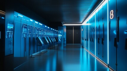Fototapeta premium A futuristic blue hallway with digital screens and locker compartments illuminated by neon lights
