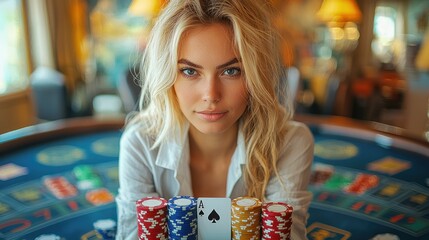 Fototapeta premium Stunning Blonde Woman at Casino Table