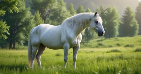 Majestic unicorn mare with shimmering silver coat and horn in a lush green meadow, fantasy, equine