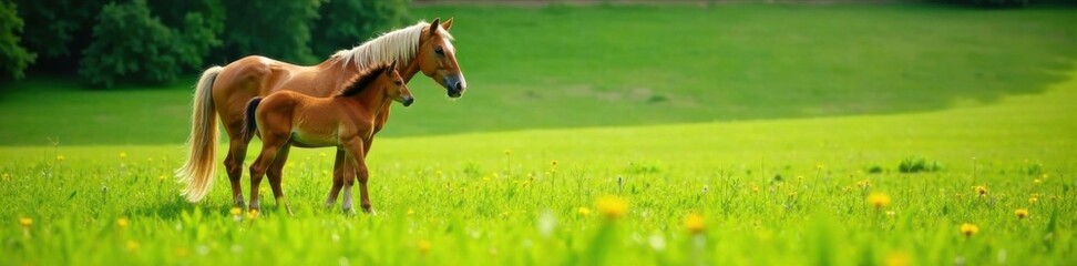 Fototapeta premium Mare stands in lush green meadow with foal nearby , horse, pastel colors