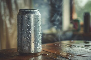 Detailed Visual  of a Silver Can with Water Droplets on it on a Table