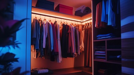 Organized Closet with Color Changing LED Lighting for Wardrobe Appeal