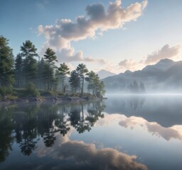 Fototapeta premium Misty morning sky with soft blue clouds and calm lake reflection, peaceful, water
