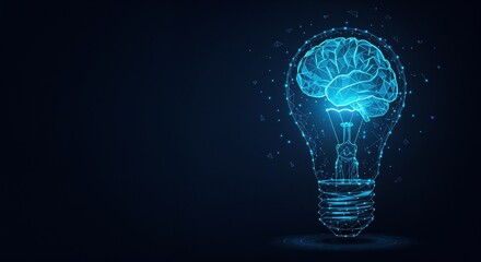 A glowing conceptual light bulb design incorporating a digital brain, symbolizing innovation, ideas, and artificial intelligence within a futuristic visual landscape, accompanied by a dark background 