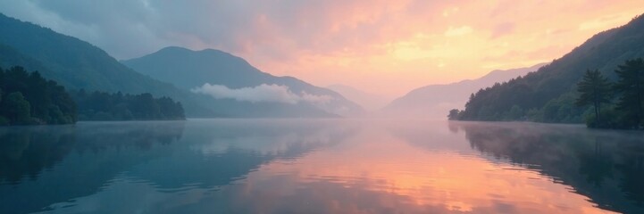 Fototapeta premium Misty morning over a peaceful bay, serene, bay