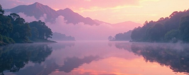 Misty morning on a peaceful lake, serene, peaceful
