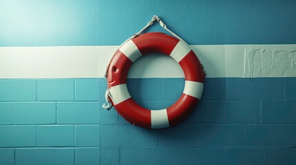 Red and white life preserver hanging on blue wall, symbolizing rescue and safety